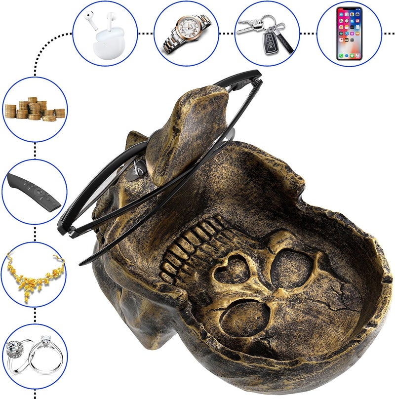 Readaeer Skull Glasses Stand Holder, Creative Eyeglasses Holder, Sunglasses Spectacle Display Rack, Key Holder Resin Sculptures for Entryway, Home, Office, Desk, Nightstand (Bronze) - Image 3